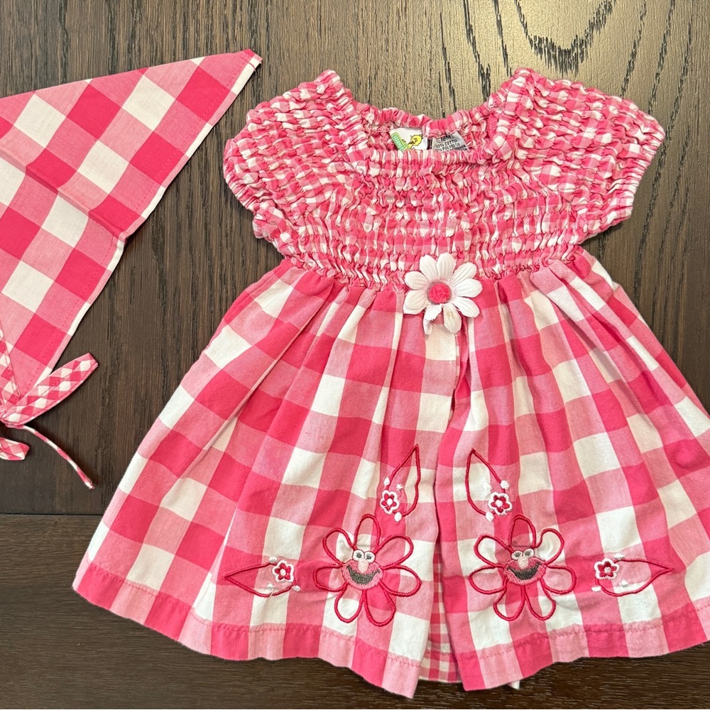 Y2K Vintage Elmo Girls 2pc Set with Dress and Bandana 18M Pink Gingham